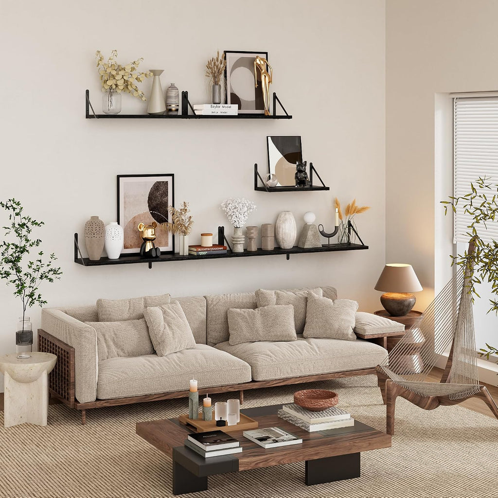 Black Wood Wall‑Mounted Floating Shelves