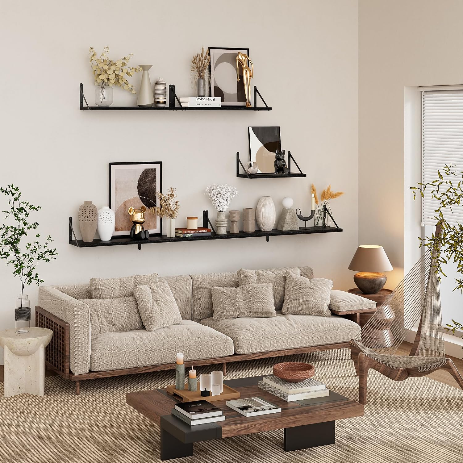 Black Wood Wall‑Mounted Floating Shelves