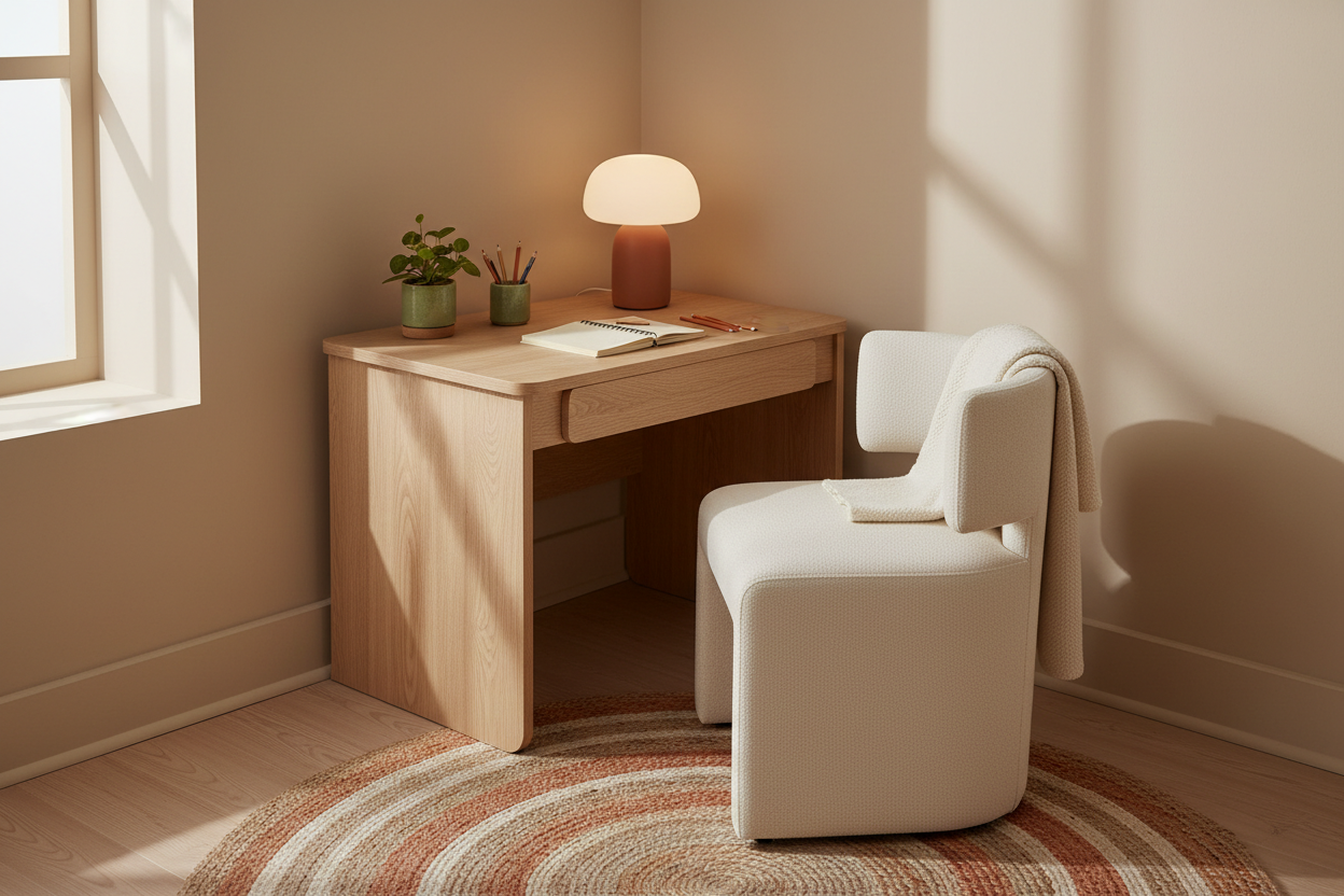 Corner-mount youth study desk scene