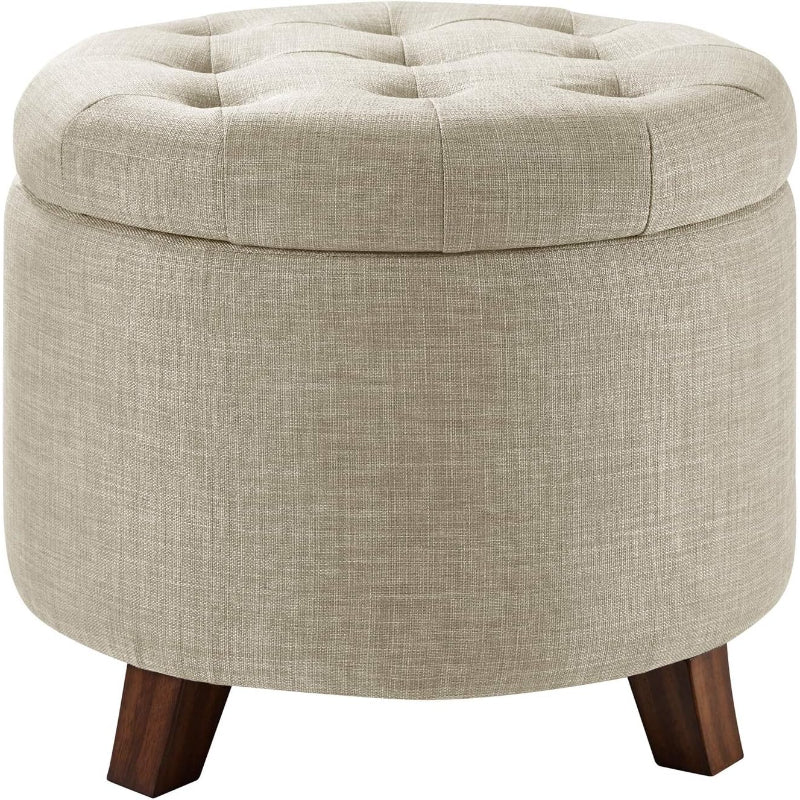 Beige Linen Tufted Round Storage Ottoman