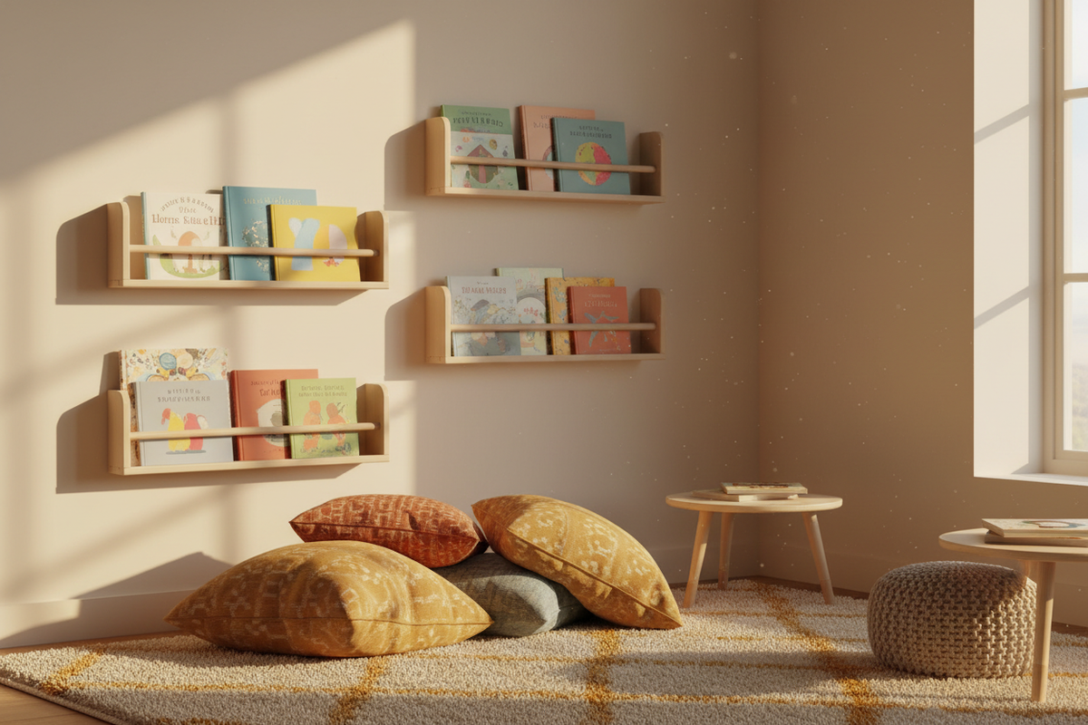 Tiered wall-attached book rack scene